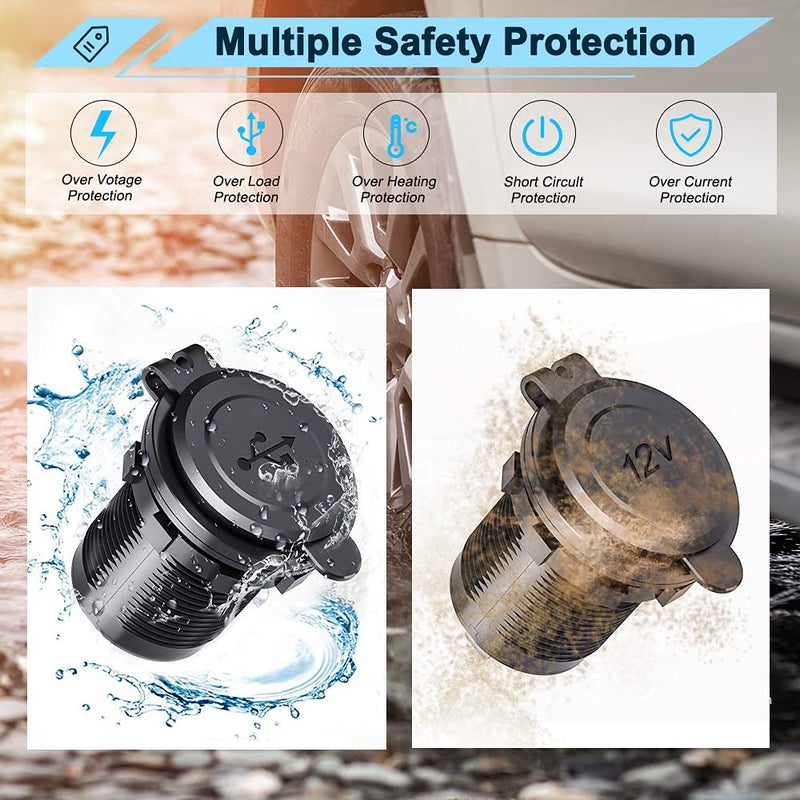 ELECTOP Cigarette Lighter Socket Outlet Splitter, 12V USB Outlet USB Charger 12 Volt Socket Power Outlet with LED, Waterproof Power Socket Panel Adapter DIY Kit Dual USB Ports for Car Boat Marine RV - Image 3